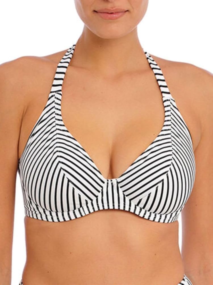 Freya Jewel Cove Banded Underwire Halter Bikini Top (7232),32F,Stripe Black