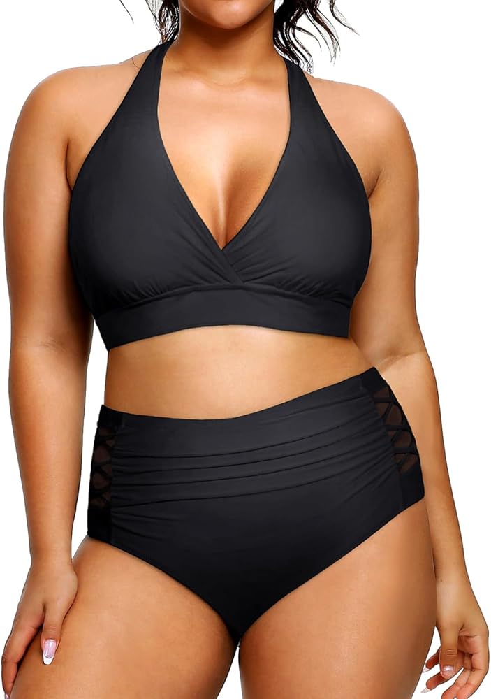 Yonique Womens Two Piece Plus Size Halter Bikini Swimsuits Tummy Control Bathing Suits High Waisted Swimwear