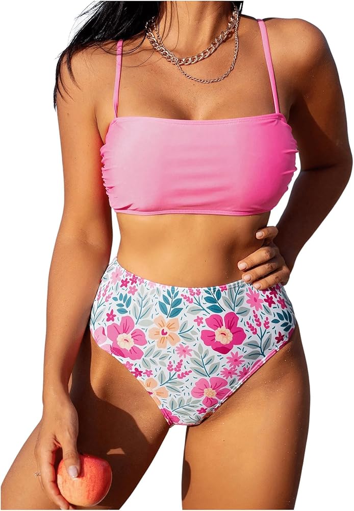 SOLY HUX Women's Floral Print Bikini Sets Spaghetti Strap High Waisted Swimsuit Two Piece Bathing Suits