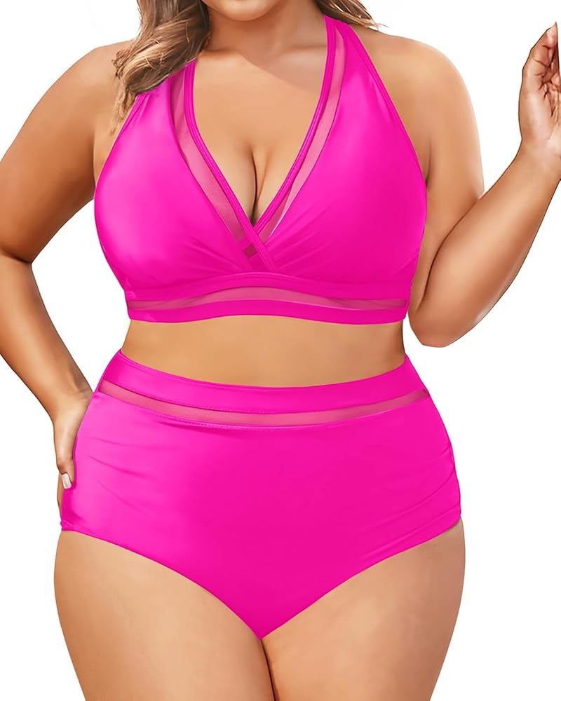 Tempt Me Women Plus Size Bikini High Waisted Swimsuits Mesh Tummy Control Two Piece Bathing Suit