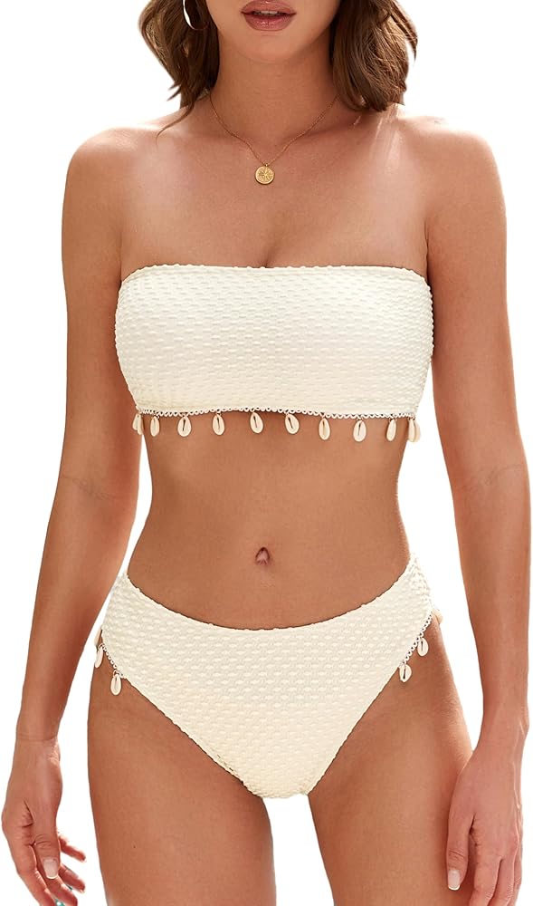 ZAFUL Women Strapless Bandeau Bikini Shell 2 Piece Swimwear Cheeky Solid Lace up Pom Bathing Suits