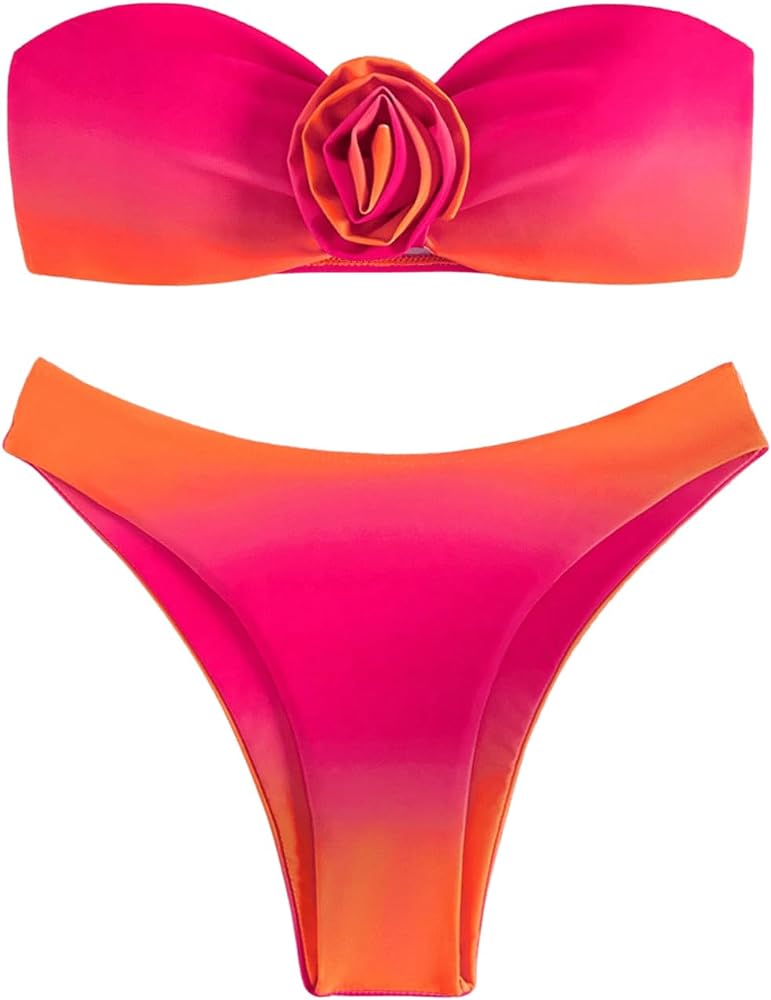 Floerns Women's 2 Piece Ombre 3D Floral Appliques Bikini Set Tube Top High Cut Swimsuit