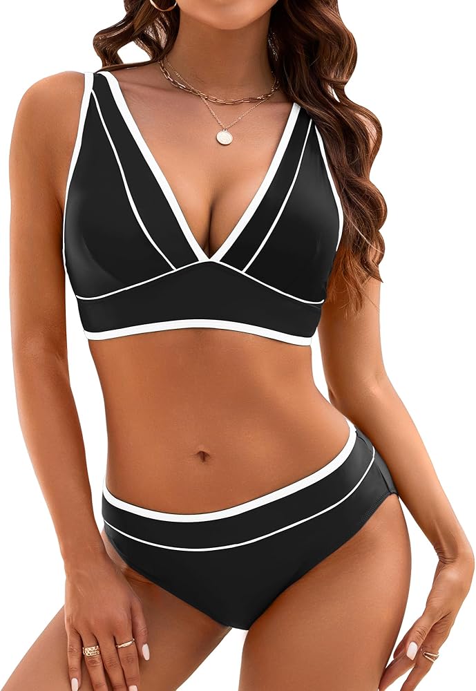 V Neck Bikini Sets for Women Color Block Two Piece Swimsuits Sexy Triangle Bikini Cheeky Push Up Bathing Suit