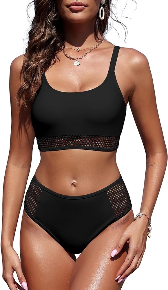 ZAFUL Women's Two Piece High Waisted Bikini Set Sporty Swimsuits Fishnet Bathing Suit with Bottom for Teen Girls