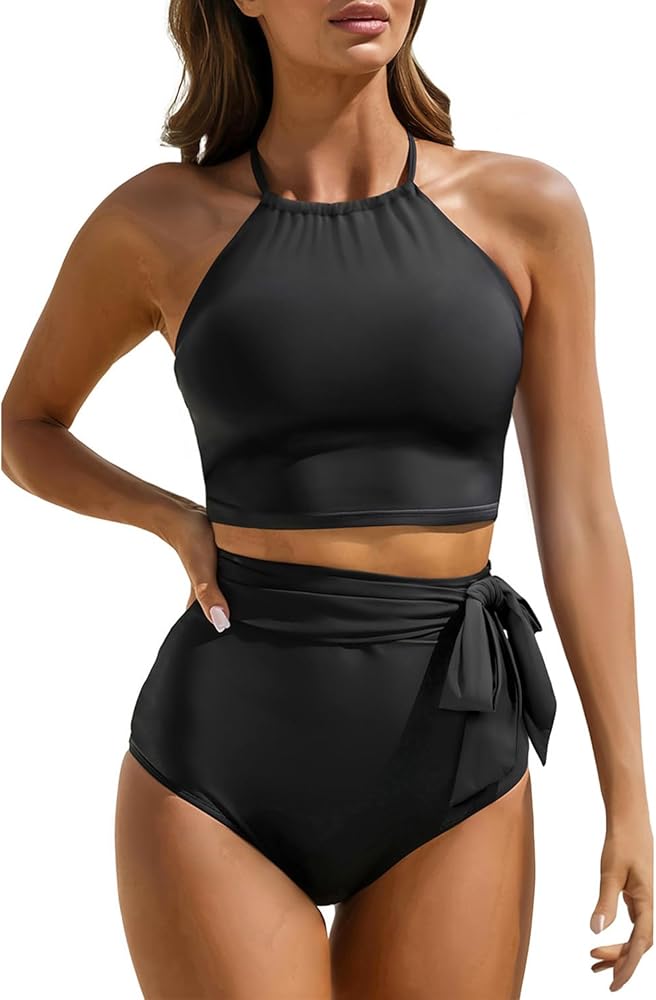 Tempt Me Women High Waisted Bikini Sets Two Piece Swimsuit High Neck Tummy Control Bathing suits with Tie Side Knot Bottom