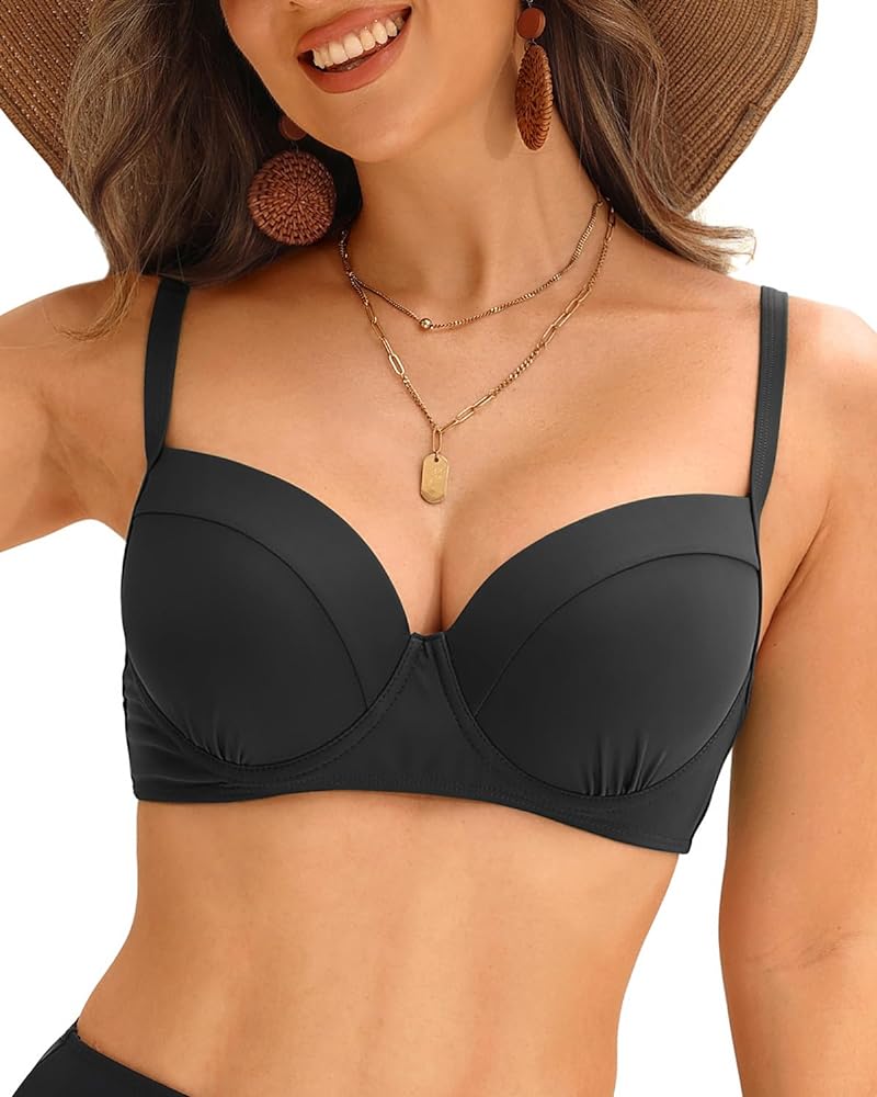 Tempt Me Underwire Push Up Black Bikini Top - Women Swimsuit Tops Bathing Suit Bra Top Only M