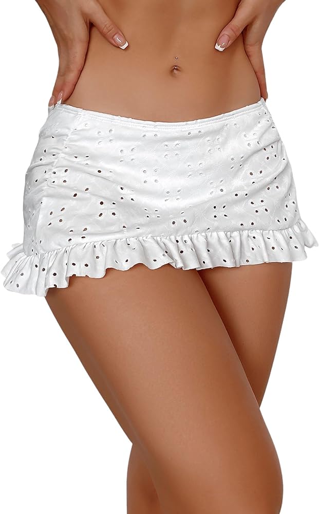 SweatyRocks Women's Swimwear Eyelet Embroidered Ruffle Hem Low Rise Bikini Bottom Skort