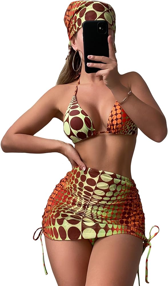 Women's 4 Piece Swimsuits Halter Triangle Bikini Sets Bathing Suit with Mesh Cover Up Skirt & Bandana