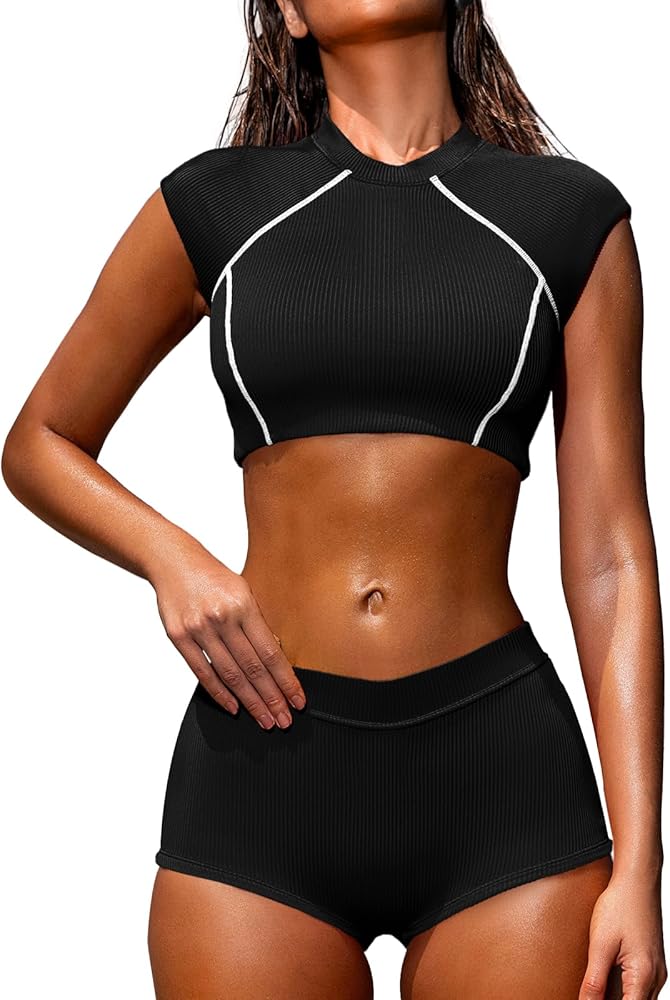 Saodimallsu Womens Sporty Two Piece Swimsuits High Waisted Ribbed Bikini Sets High Neck Crop Top Bathing Suits