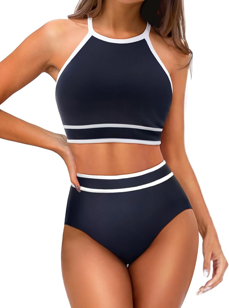 Tempt Me Women's High Waisted Bikini Sets Sporty Two Piece Swimsuit Color Block High Neck Bathing Suit