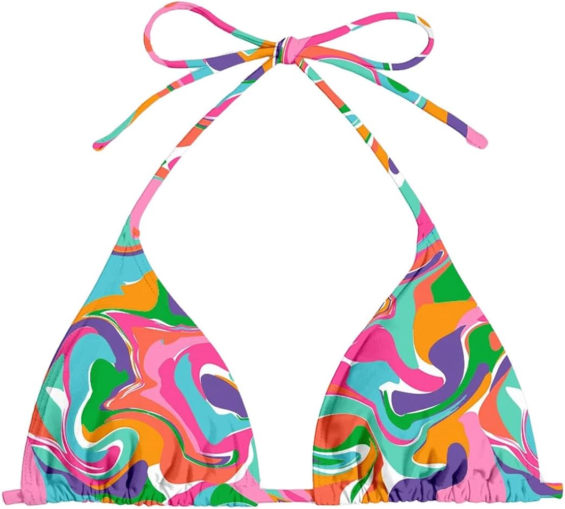 SOLY HUX Women's Plus Size String Halter Bikini Swimsuit Top Printed Triangle Bathing Suit Tops Beachwear