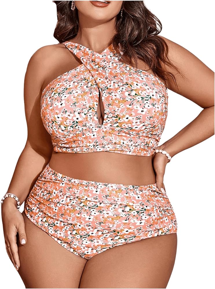 SOLY HUX Women's Plus Size Swimsuit Floral Print Criss Cross Ruched High Waisted Bikini Sets Two Piece Bathing Suits