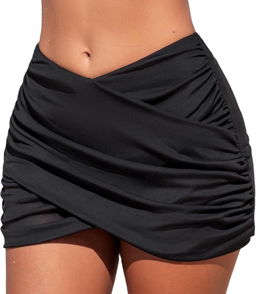 CUPSHE Women's Bikini Bottom Swim Skirt Mid Rise Ruched Mesh Wrap Bathing Suit