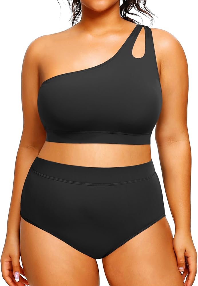 Tempt Me Womens Plus Size High Waisted Bikini Two Piece One Shoulder Swimsuit Keyhole Bathing Suits