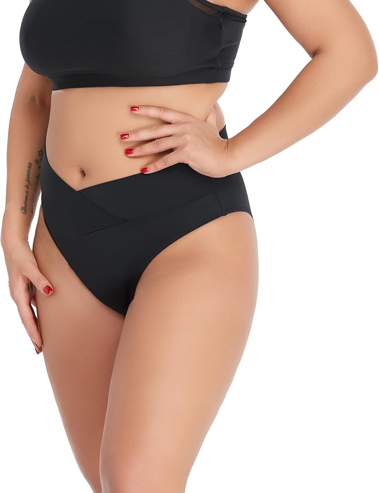 Womens' Black Crossover High Cut V Waisted Cheeky Bikini Bottom