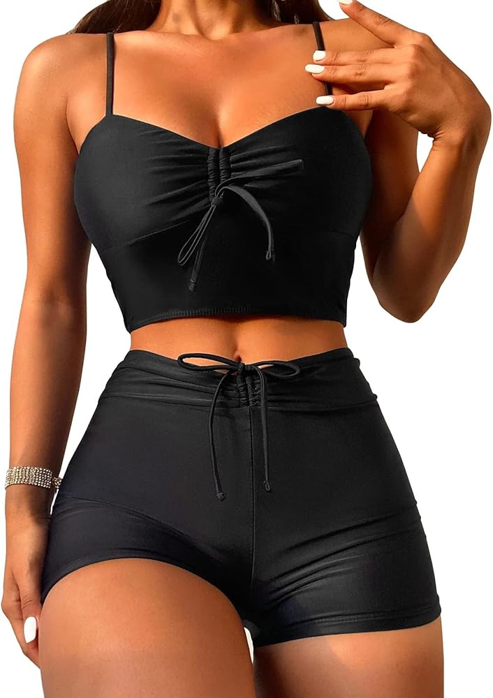 Lilosy Drawstring High Waisted Bikini Set Srting Swimsuit Spaghetti Strap Cami Top and Tie Side Shorts 2 Piece