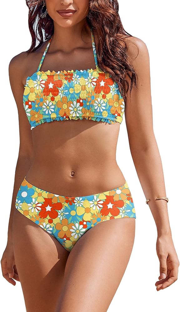 AI'MAGE Bikini Set for Women Two Piece Swimsuits 2024 Floral Bathing Suit Bandeau Swimswear with Removable Shoulder Straps