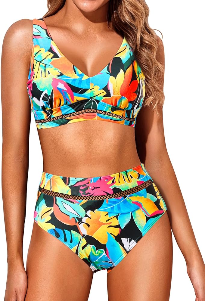 Aqua Eve Women High Waisted Bikini Twist Front Swimsuits Lace up Bikini Tops Ruched Push up 2 Piece Bathing Suits