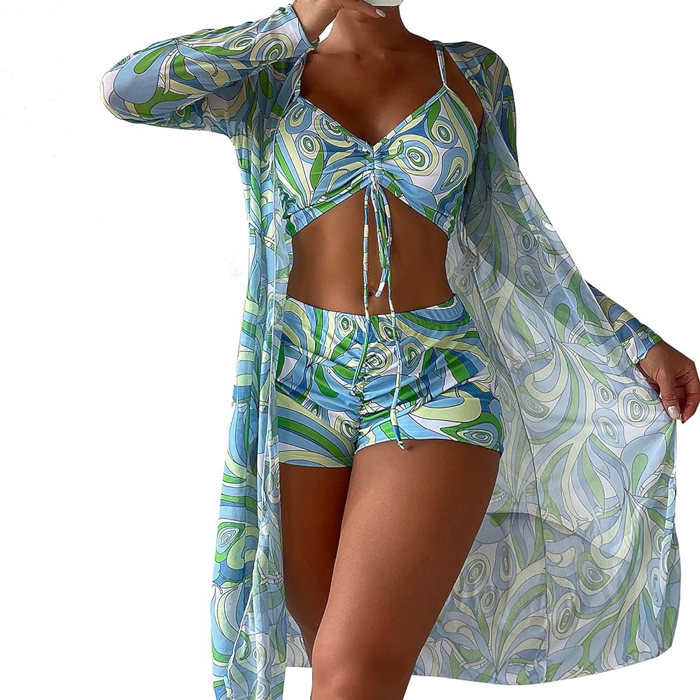 3 Piece Women's Swimsuit, Sexy Floral Printed Push Up Bikini Set with Kimono Cover Ups, High Waist Beach Wear