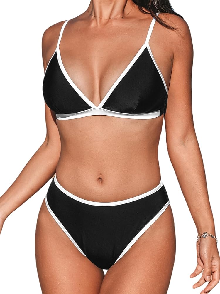 CUPSHE Women's Bikini Sets High Waisted Triangle Tops V Neck Back Hook Cheeky Spaghetti Adjustable Straps Color Block