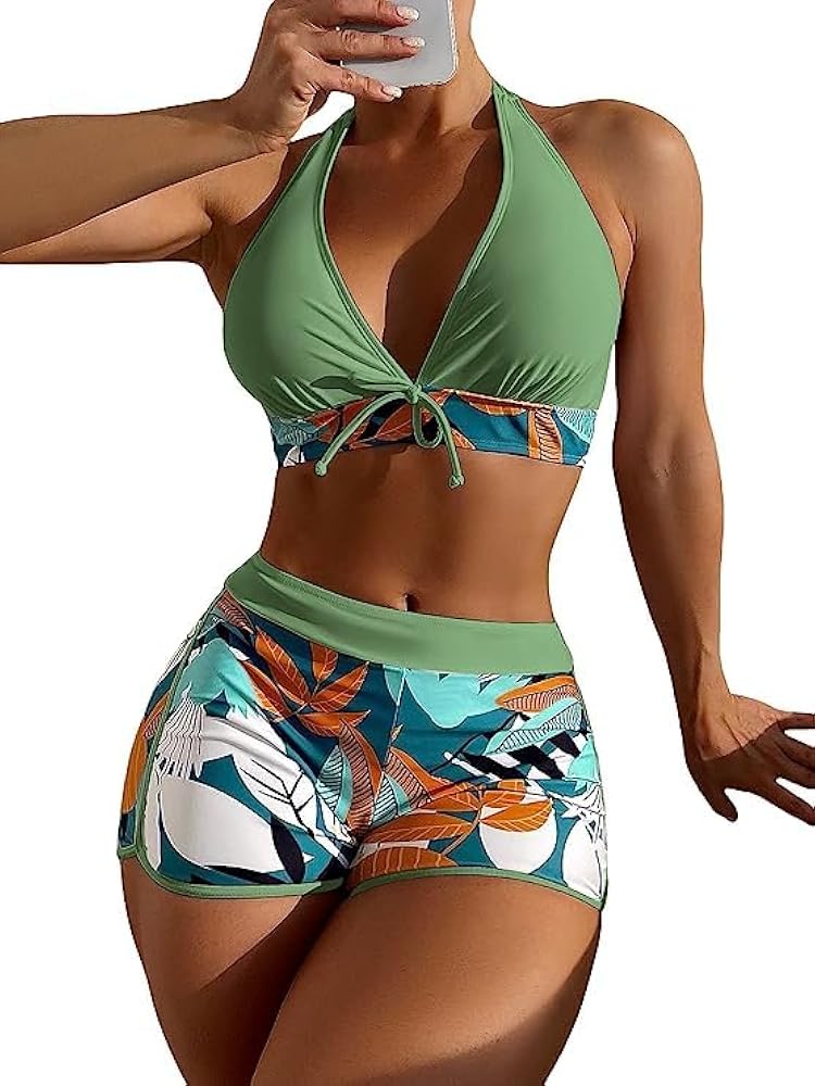 Women 2-Piece Swimsuit– Chic Halter Top W/Shorts Bikini Set Swimwear – Floral Tropical Botanical Design