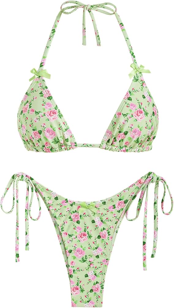 ZAFUL Women's Sexy Halter Bikini Sets Bow Decor Tiny Floral Print Bikini Swimsuits Tie Side Triangle Bathing Suits