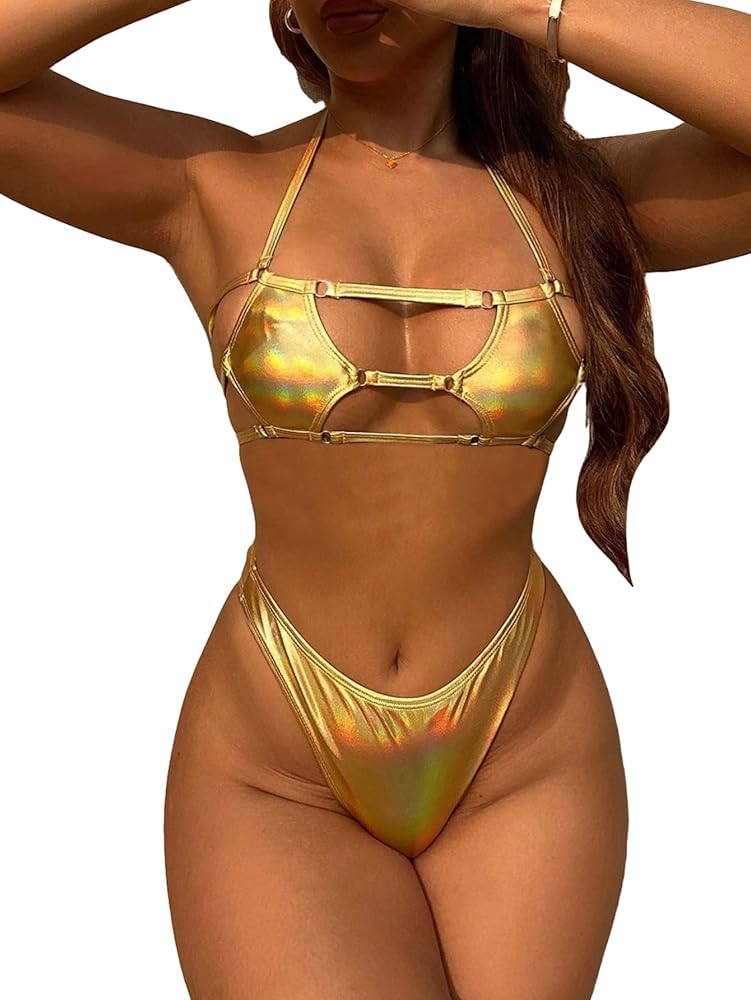 Women's 2 Piece Metallic Cut Out Bikini Halter Tie Side Triangle Set High Cut Bikini Swimsuit Bathing Suit