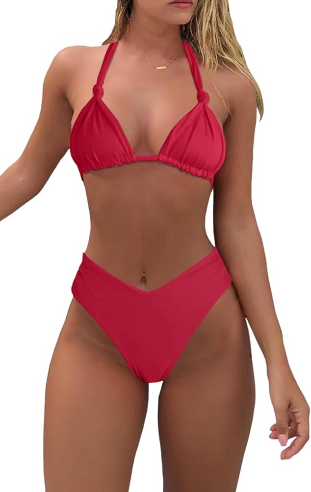 Bikini Sets for Women Sexy Halter Triangle String Bikini Cheeky V Cut High Waisted Thong Swimsuits 2 Piece