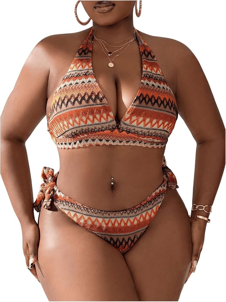 SOLY HUX Women's Plus Size Bikini Sets Halter Deep V Neck Piece 2 Bathing Suits Print Sexy Swimsuits