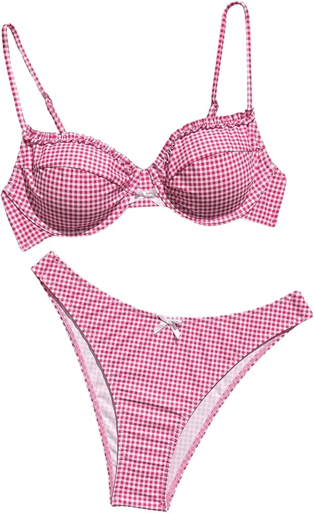 Women's 2 Piece Y2K Gingham Bow Front Bikini Set Underwire Bikini Thong Swimsuit High Waisted Bathing Suit Beachwear