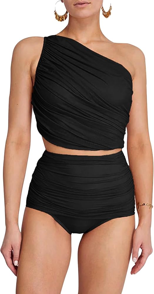 Leoparts Women's One Shoulder Two Piece Bikini Swimsuits Ruched Mesh High Waisted Wrap Skirt Bathing Suit