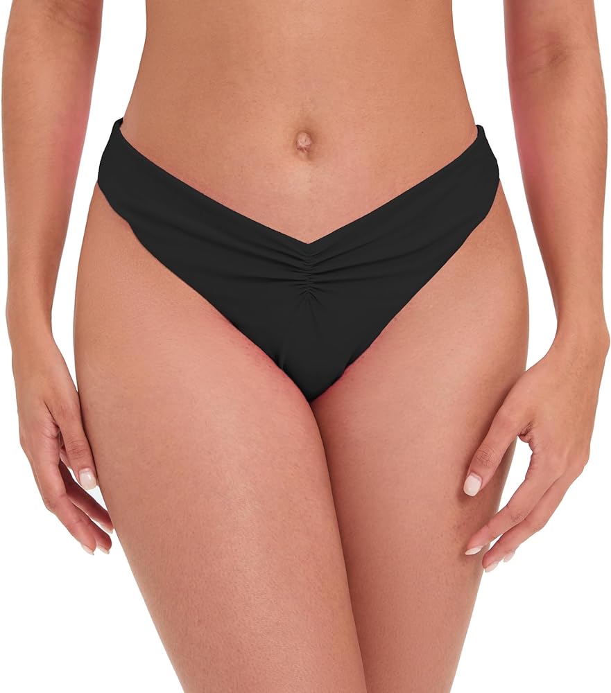 Women's Ruched Bikini Bottom Sexy V Front Cheeky High Cut Low Rise Swim Bathing Suit Bottoms