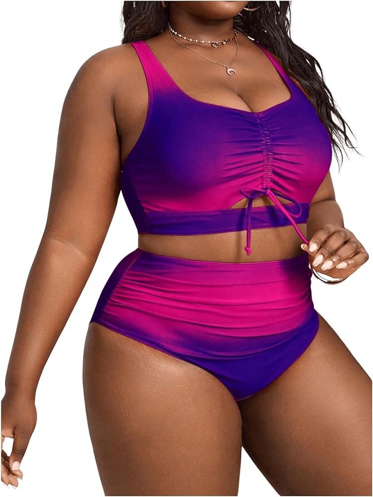 Floerns Women's Plus Size 2 Piece Ombre Ruched Cut Out Tie Front Swimwear Bikini Set