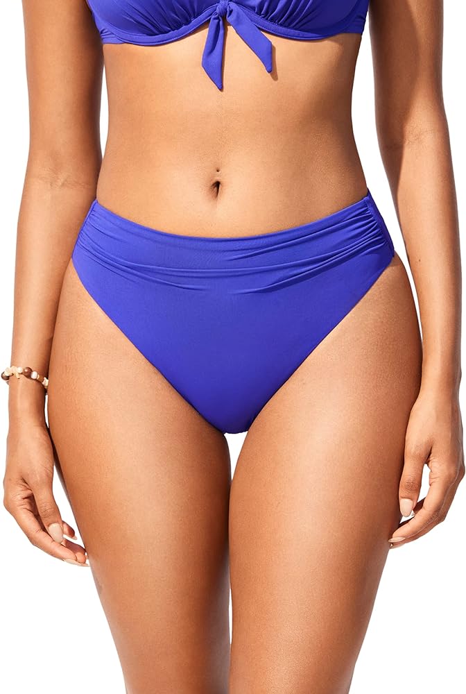 DOBREVA Women's High Waisted Bikini Bottom Full Coverage High Cut Swim Bottoms Ruched Tummy Control Bathing Suits