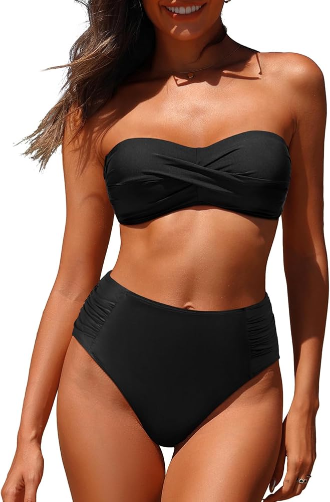 Tempt Me Women Bandeau Bikini Set Twist Strapless Two Piece Swimsuit High Waisted Bathing Suits