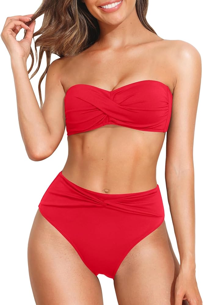 Tempt Me Women Bandeau Bikini Set Twist Strapless Two Piece Swimsuit High Cut High Waisted Bathing Suits