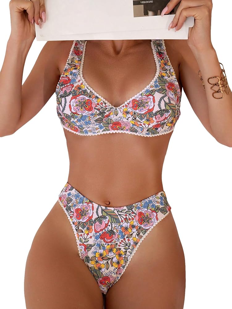 WDIRARA Women's Floral Print Swimsuit Tie Back Bikini Set Two Piece Bathing Suit