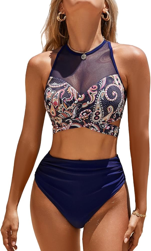 CUPSHE Women Swimsuit Bikini Set High Waisted Wrapped Crisscross Tie Back Mesh Paisley Two Piece Bathing Suit