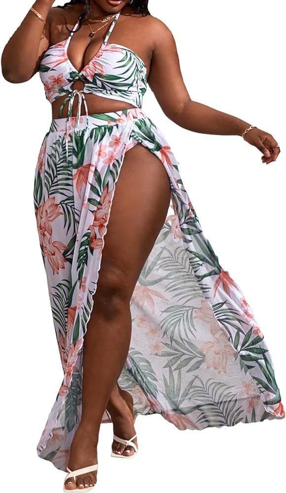 SOLY HUX Women's Plus Size 3 Piece Swimsuits Floral Print Halter Bikini Sets Bathing Suit with Beach Skirt