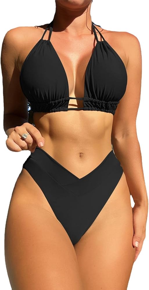 Cheeky High Cut Triangle Bikini Sets for Women Cute Halter Top Swimsuits 2 Piece