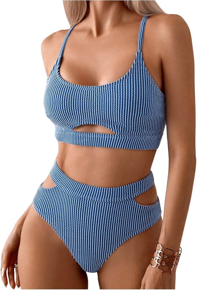 SOLY HUX Women's Cut Out High Waisted Bikini Sets Textured Bathing Suit Two Piece Swimsuit