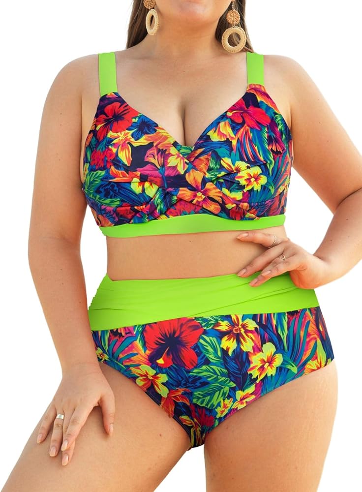 Hanna Nikole Womens Plus Size Bikini Set Two Piece High Waisted Swimsuits Tummy Control Bathing Suit Twist Front Swimwear