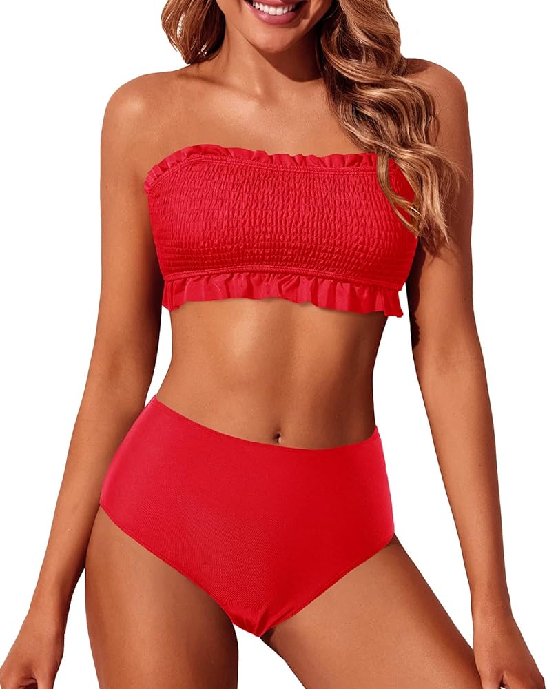 Tempt Me Women Bandeau High Waisted Bikini Sets Smocked Swimsuit Strapless Two Piece Bathing Suit