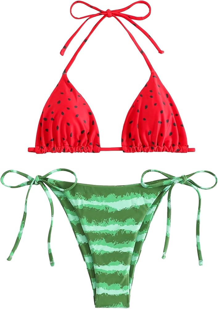 Verdusa Women's Watermelon Print Halter Top Tie Knot Side Bikni Bottom Bikini Sets Swimwears