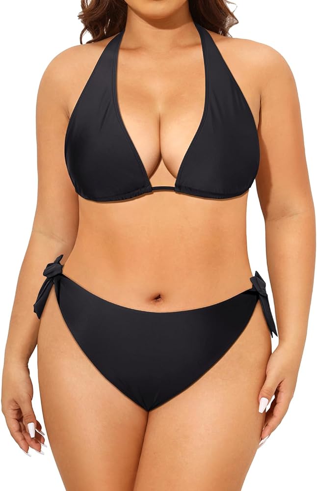 Tempt Me Women Plus Size Triangle Bikini Halter Two Piece Swimsuit Sexy Tie Side Bathing Suits