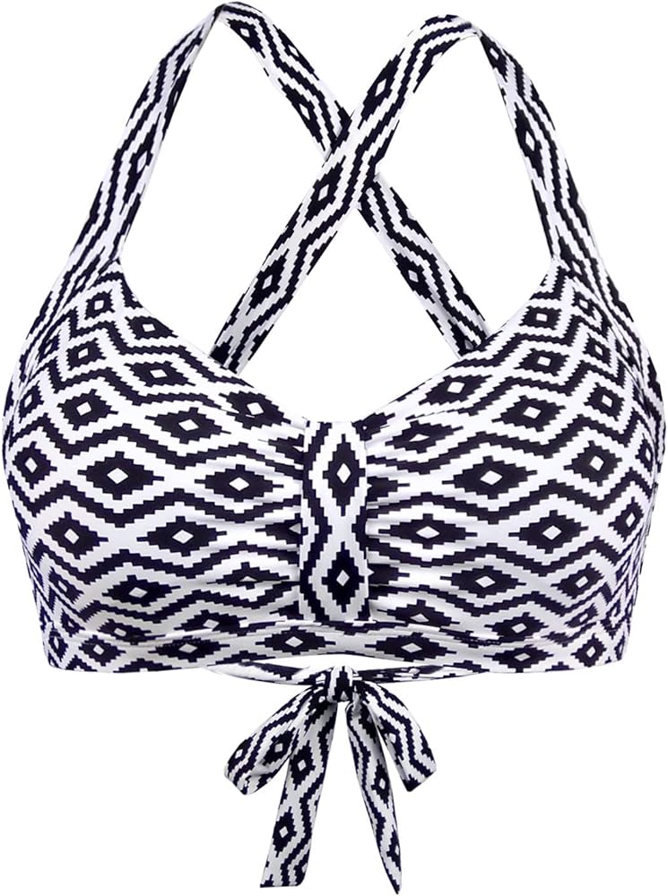 Women's Retro Printed Adjustable Thick Straps Cross Back Push Up Vintage Bikini Swimsuit Tops Only