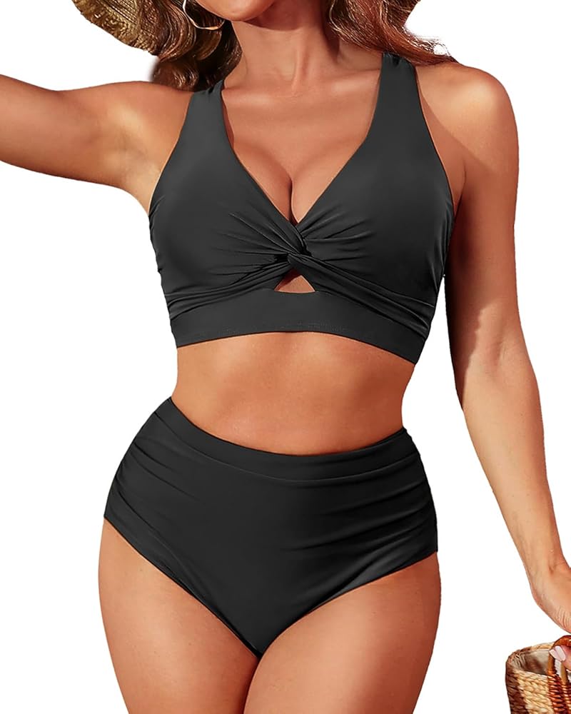 Tempt Me Women Two Piece Swimsuits High Waisted Bikini Knot Twist Cutout Tummy Control Bathing Suits