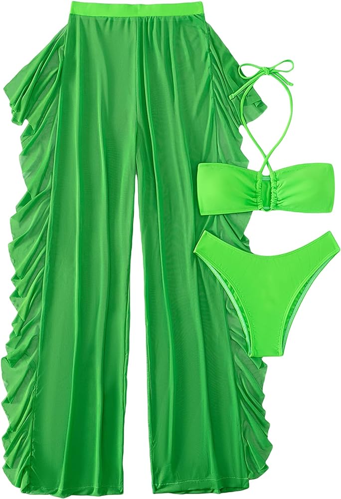 MakeMeChic Women's 3 Piece Swimsuit Solid Halter Bikini Set with Ruffle Sheer Cover Up