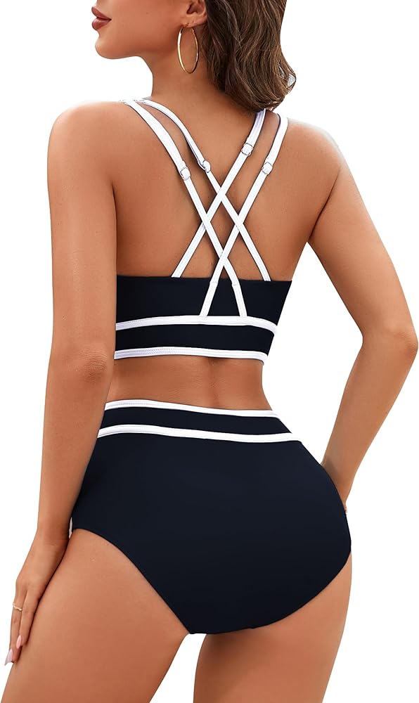 BMJL Women High Waisted Bikini Color Block Two Piece Bathing Suits Sporty Full Coverage Swimsuits