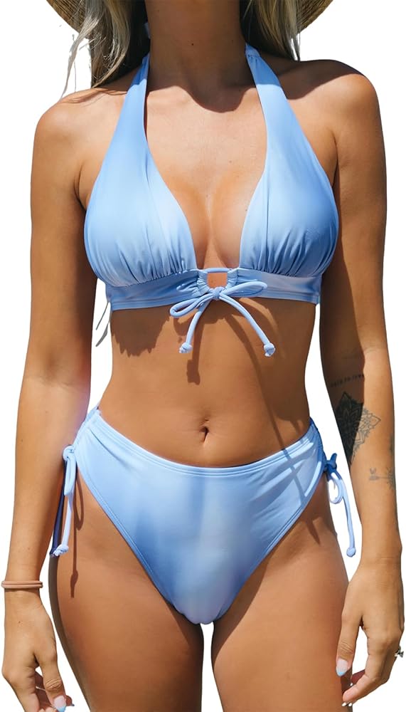 CUPSHE Women Bikini Set Two Piece Swimsuit Triangle Top Ruched Halter Drawstring High Waisted Bottom